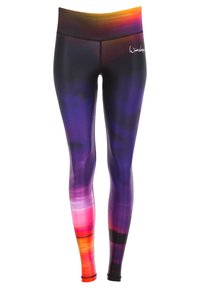 Kleurige leggings met een gradientontwerp in donkerpaars, blauw en oranje tinten. Gemaakt van rekbaar, soepel materiaal met een hoge tailleband.