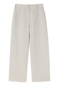 Lichtbeige wijde broek van gestructureerd linnen, met een knoopsluiting en twee voorzakken. Vlakke voorkant en rechte zoom.