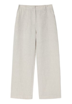 Helle beige Marlenehosen aus strukturiertem Leinen, mit Knopfverschluss und zwei frontalen Taschen. Flacher Bund und gerader Saum.