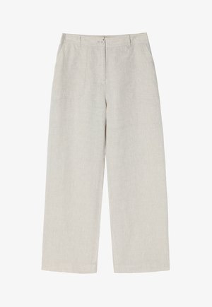 Svetlo bež široke hlače iz teksturiranega lanu, z gumbom za zapiranje in dvema sprednjima žepoma. Raven sprednji del in ravno rob.