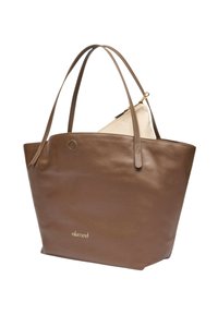 Borsa tote in pelle marrone con superficie testurizzata, doppi manici e logo dorato. Include una pochette più piccola beige all'interno con chiusura a zip.