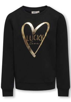 Sweatshirt noir avec un design graphique en forme de cœur doré et le texte "LUCKY love." Il présente un col et des poignets côtelés. Texture de tissu douce.