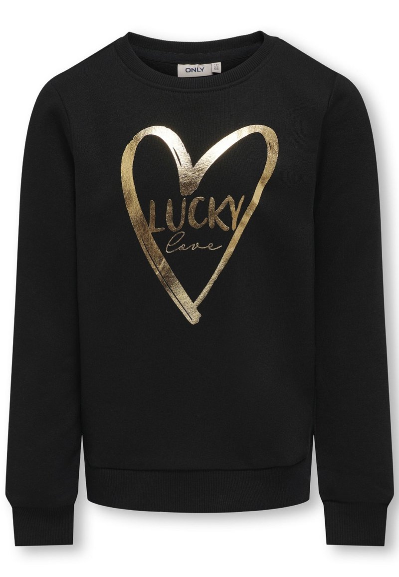 Felpa nera con un design grafico di un cuore dorato e il testo "LUCKY love." Presenta un collo e polsini a costine. Tessuto morbido.