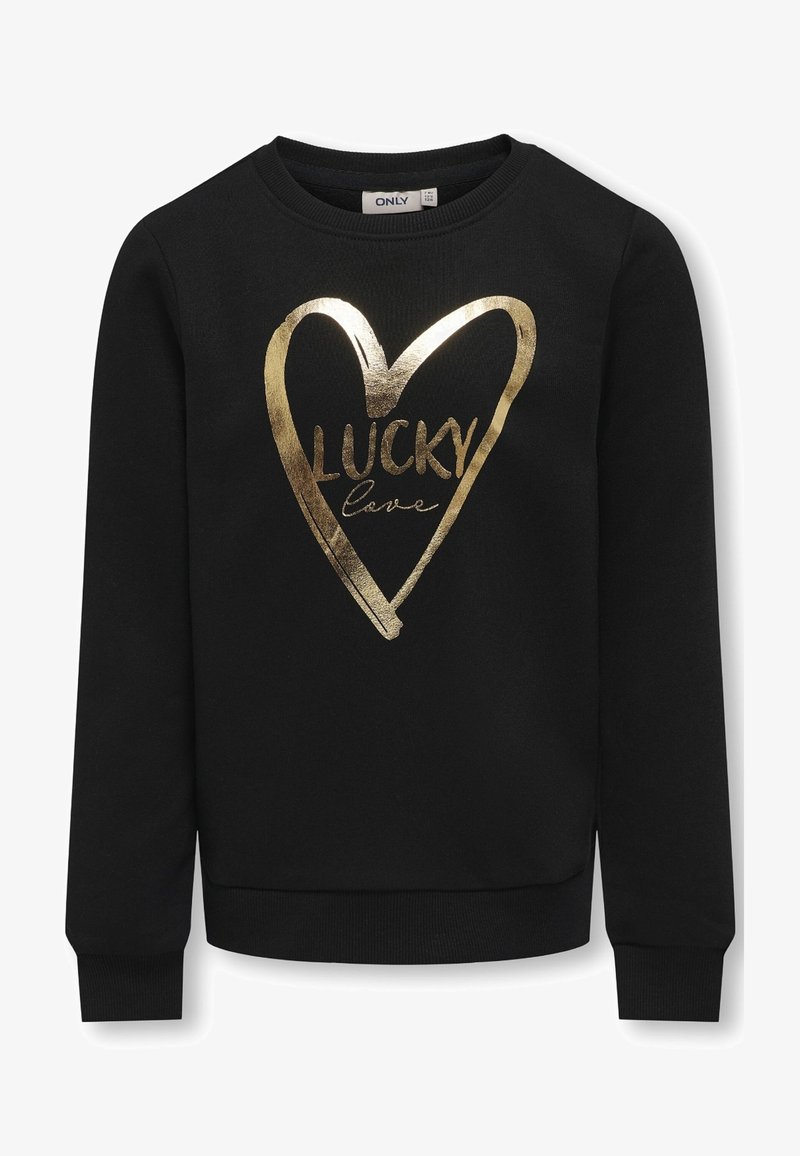 Felpa nera con un design grafico di un cuore dorato e il testo "LUCKY love." Presenta un collo e polsini a costine. Tessuto morbido.