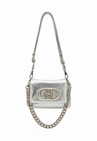 Silver leather crossbody bag with a chain strap, featuring a prominent metallic clasp and smooth texture. Compact rectangular shape.