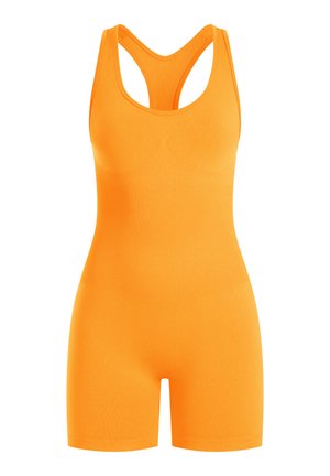 Bodysuit de sport orange avec un design ajusté, présentant un dos nageur et une texture côtelée. Longueur courte et construction sans couture.