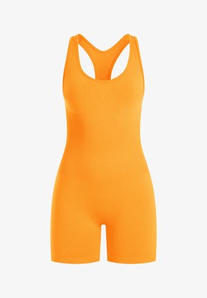 Pomarańczowy sportowy kombinezon o dopasowanym kroju, z plecami w stylu racerback i teksturą prążkowaną. Krótka długość i bezszwowa konstrukcja.
