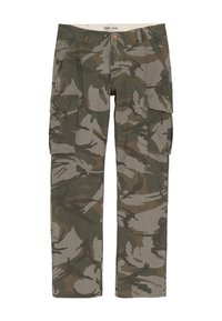 Camo cargo pants in green, brown, and gray. Features two side pockets and a relaxed fit design with straight legs. Cotton material.