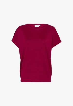 Burgundy rövid ujjú póló, puha anyagból készült, kerek nyakkivágással és laza fazonnal, felgöngyölt ujjak mellett, látható minták nélkül.