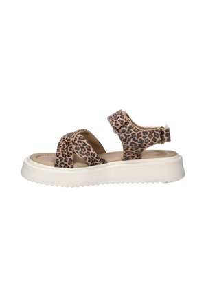 Sandaal met open teen met leopardprint bandjes, verstelbare enkelsluiting en dikke witte geribbelde zool.