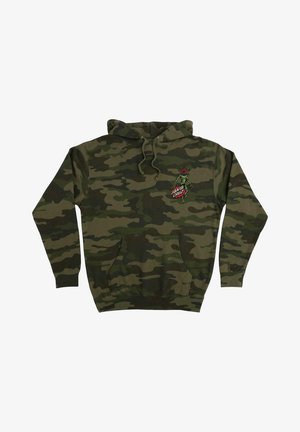 Sudadera con capucha con patrón de camuflaje en verde y marrón, bolsillo frontal y un pequeño gráfico rojo y verde con el texto "Santa Cruz" en el pecho.