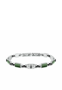 Bracciale in argento con accenti verdi rettangolari, maglie intrecciate e un emblemma centrale. Superficie liscia e lucida.