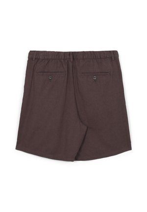 Pantaloncini di lino marrone con vita elasticizzata e due tasche posteriori con chiusura a bottone. Tessuto liscio, taglio casual e senza motivi visibili.