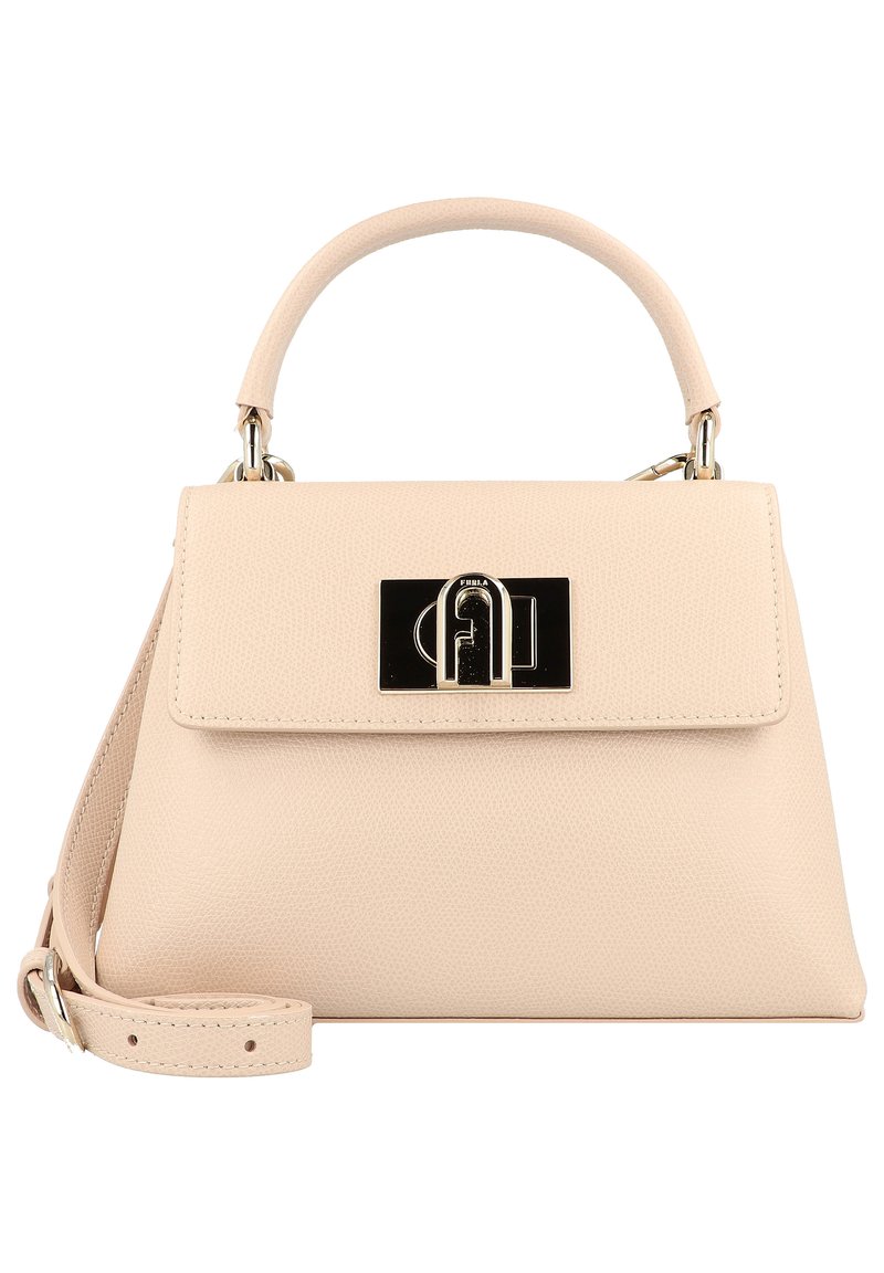 Beige læderhandbag med en struktureret design, top-håndtag og aftagelig skulderrem. Udstyret med en sort metalspænde med logo detaljer.