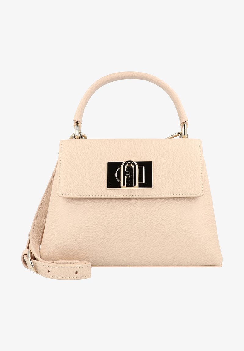 Beige Lederhandtasche mit strukturiertem Design, einem oberen Griff und abnehmbarem Schultergurt. Verfügt über einen schwarzen Metallverschluss mit Logodetail.