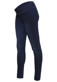 Mörkblå, stretchiga denimjeans med ett brett, elastiskt midjeband och smal passform. Har minimal sömnad och klassisk femficksdesign.