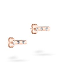 Orecchini a perno in oro rosa con un design lineare che presenta tre pietre trasparenti, superficie liscia e finitura lucida.