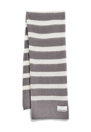 Gray and white striped scarf made of soft fabric, featuring a smooth texture and a tag with the brand name at one end.