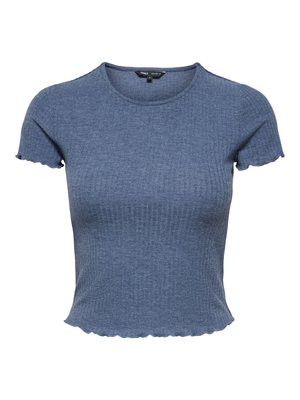 Crop top bleu en tricot côtelé à manches courtes avec bords festonnés aux manches et à l'ourlet, encolure ronde et silhouette ajustée.