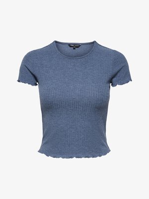 Crop top bleu en tricot côtelé à manches courtes avec bords festonnés aux manches et à l'ourlet, encolure ronde et silhouette ajustée.