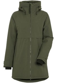 Olive zelena dolga parka z zadrgo spredaj, nastavljivo kapuco in rebrastimi manšetami. Ima minimalističen dizajn in stranske žepe.