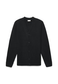 Schwarze Wollstrickjacke mit V-Ausschnitt, gerippten Bündchen und sechsgliederiger Knopfleiste, mit glatter Textur und klassischem Design.