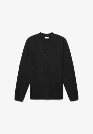 Cardigan di lana nera con scollatura a V, polsini a costine e chiusura a sei bottoni, caratterizzato da una texture liscia e un design classico.