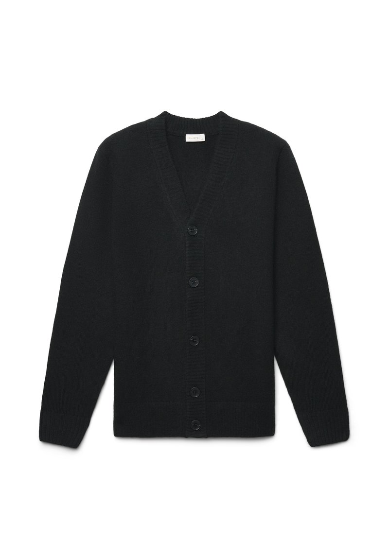 Schwarze Wollstrickjacke mit V-Ausschnitt, gerippten Bündchen und sechsgliederiger Knopfleiste, mit glatter Textur und klassischem Design.