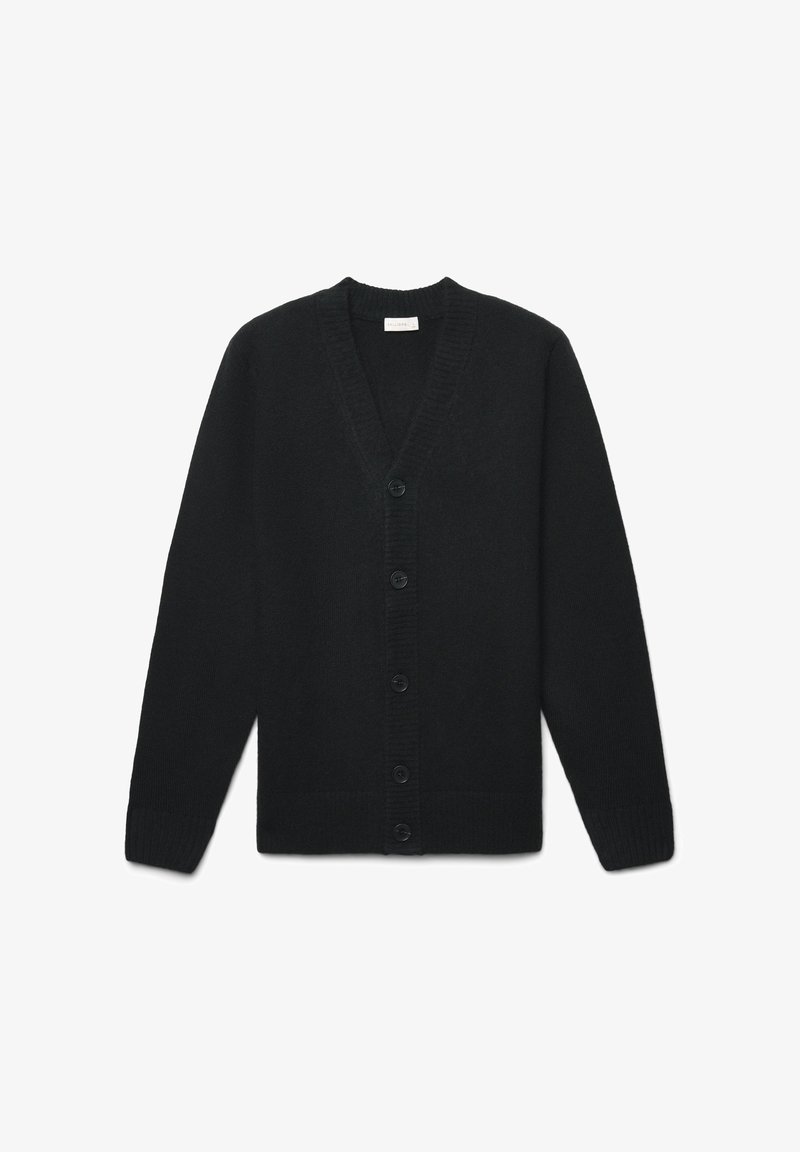 Schwarze Wollstrickjacke mit V-Ausschnitt, gerippten Bündchen und sechsgliederiger Knopfleiste, mit glatter Textur und klassischem Design.