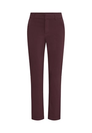 Bordeauxfarbene maßgeschneiderte Hose mit geradem Schnitt, ausgestattet mit einem Knopf- und Reißverschluss, Gürtelschlaufen und glatter Stoffoberfläche.
