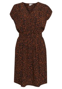 Leopardmönstrad klänning med brun bakgrund, korta ärmar, V-ringning, samlad midja och svallande kjol för en avslappnad passform.