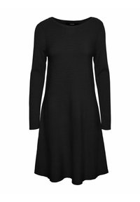 Vestito nero a maniche lunghe con scollatura rotonda, silhouette ad A, tessuto texturizzato e orlo flottante. Design semplice e versatile.