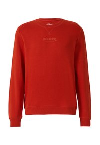 Czerwony sweter z okrągłym dekoltem, długimi rękawami oraz ściągaczami u dołu i na rękawach. Z przodu znajduje się wytłoczone logo. Wykonany z miękkiego materiału.