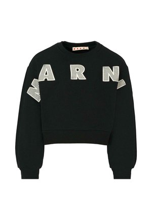 Felpa nera corta con lettering argento prominente "ARN" sul davanti e sulle maniche. Realizzata in tessuto morbido, presenta polsini e orlo a coste.