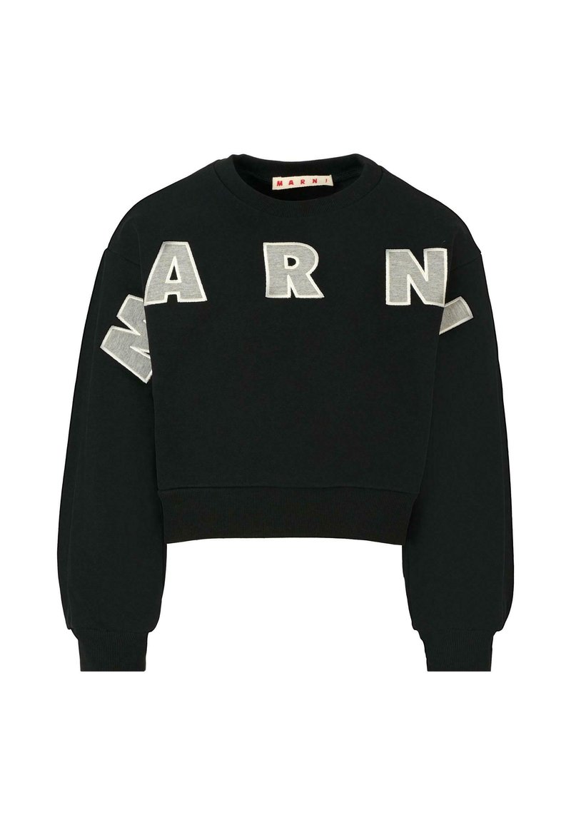 Felpa nera corta con lettering argento prominente "ARN" sul davanti e sulle maniche. Realizzata in tessuto morbido, presenta polsini e orlo a coste.