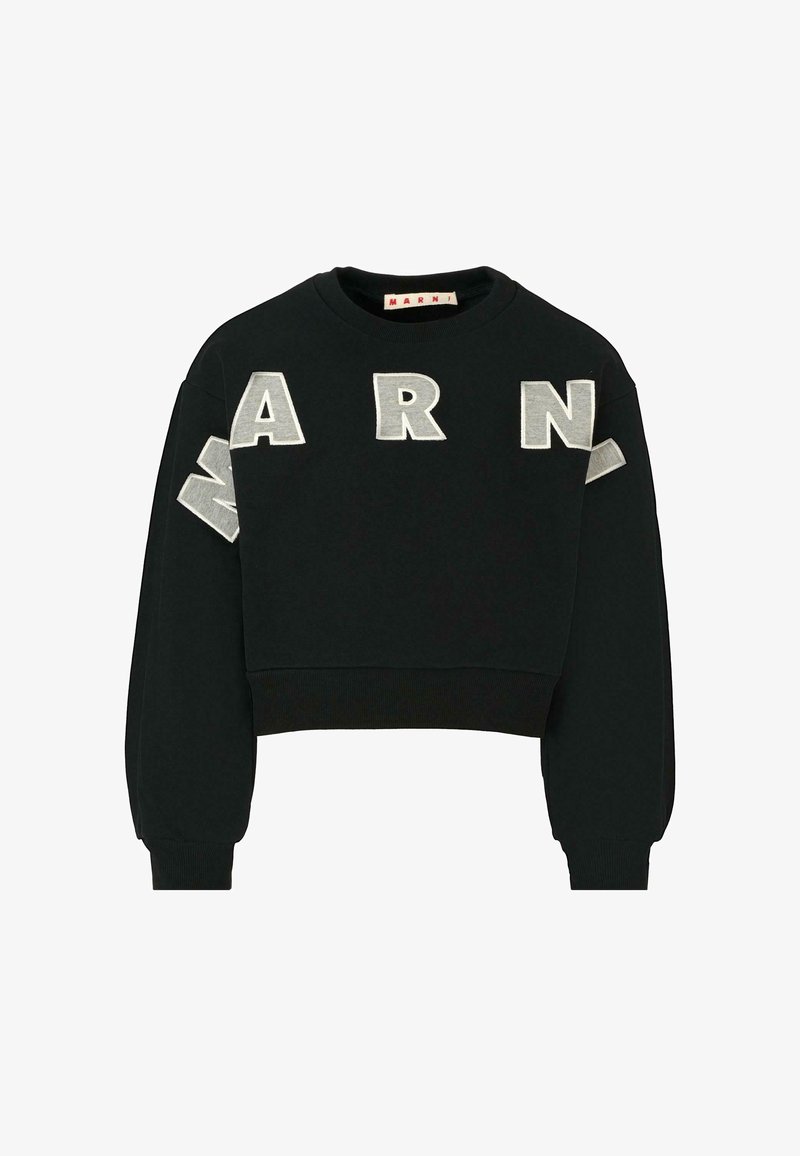 Felpa nera corta con lettering argento prominente "ARN" sul davanti e sulle maniche. Realizzata in tessuto morbido, presenta polsini e orlo a coste.