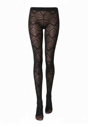 Collants transparents noirs à motifs géométriques en diamant et chevron, offrant une couverture complète des jambes de la taille aux orteils.