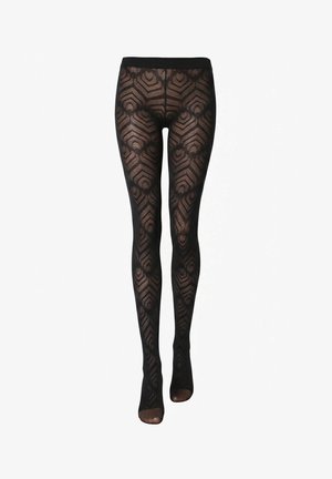 Collants transparents noirs à motifs géométriques en diamant et chevron, offrant une couverture complète des jambes de la taille aux orteils.
