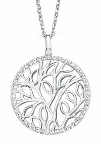 Silverpendel med en intrikat träddesign, omgiven av en rad små klara kristaller; fäst vid en tunn kedja. Cirkulär form.