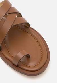 Brown leather sandal with crisscross straps. Smooth texture, rounded toe, and stitched detailing around the sole. Flat design.