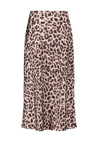 Leopardenmuster-Midi-Rock aus weichem Satinmaterial, mit ausgestelltem Saum und einem elastischen Bund für zusätzlichen Komfort. Die Farben umfassen Beige, Braun und Schwarz.