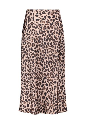 Leopardenmuster-Midi-Rock aus weichem Satinmaterial, mit ausgestelltem Saum und einem elastischen Bund für zusätzlichen Komfort. Die Farben umfassen Beige, Braun und Schwarz.