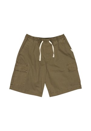 Olivgrüne Cargoshorts mit elastischem Bund, weißem Kordelzug, seitlichen Klappentaschen und vorderen Eingrifftaschen.