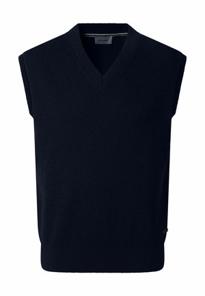 Marineblaues, geripptes, ärmelloses Strickweste mit V-Ausschnitt und kleinem Markenlabel am Saum.