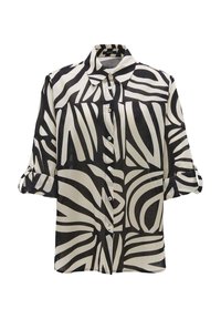 Camicia button-up in bianco e nero con audaci strisce astratte, maniche lunghe e colletto classico realizzata in tessuto leggero.