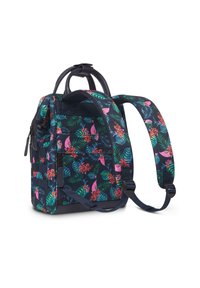 Floral-patterned backpack made of durable fabric; features multicolored tropical leaves and birds on a navy background; adjustable straps.