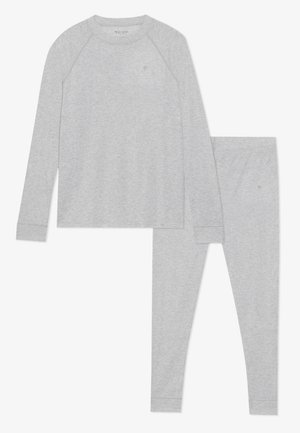 Long-sleeve light gray thermal top and matching fitted thermal pants laid flat, featuring subtle logo details on chest and thigh.