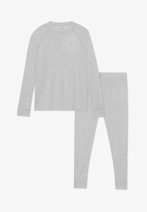 Haut thermique à manches longues de couleur gris clair et pantalon thermique ajusté assorti disposés à plat, présentant de subtils logos sur la poitrine et la cuisse.