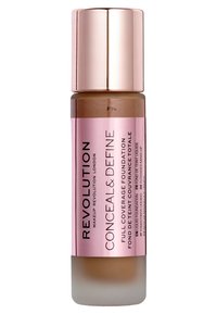 Fond de teint liquide dans un flacon givré avec une étiquette rose. Doté d'un capuchon en or rose et du texte "Conceal & Define" en évidence.