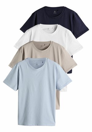 Set aus vier kurzärmligen Rundhals-T-Shirts in Marineblau, Weiß, Beige und Hellblau aus Baumwolle, mit glatter Textur und lässigem Design.